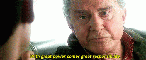 Close up from Spiderman of Uncle Ben saying to Peter Parker "with great power comes great responsibility."